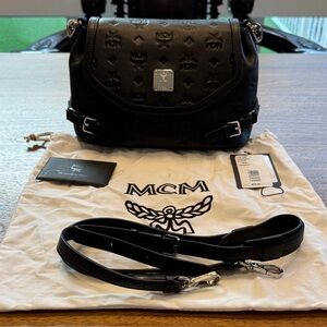 MCM Black Embossed Leather Visetos Crossbody Bag with Silver Hardware